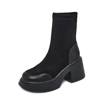 Черные длинные сапоги, женская кожаная роскошная дизайнерская обувь для женщин, 2023 г., Новые элегантные сапоги выше колена на платформе, женские сапоги на высоком каблуке