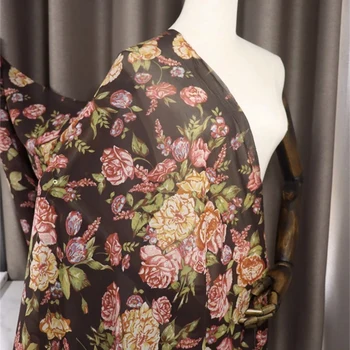 Черный фон Крупная цветочная группа С принтом из жоржета, Шелк, шифон, прозрачная ткань, женское платье-рубашка, полупрозрачная шелковая ткань