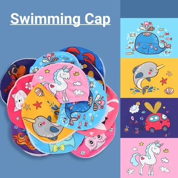 Шапочка для плавания для детей из эластичной ткани с милым рисунком для длинных волос, милые дети, защищающие уши, шапочка для бассейна для мальчиков и девочек, для плавания