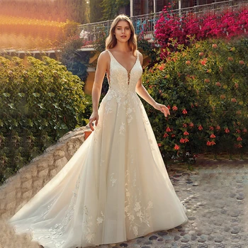 Элегантные свадебные платья трапециевидной формы с V-образным вырезом на тонких бретельках, кружевные аппликации, свадебные платья, халаты Vestidos