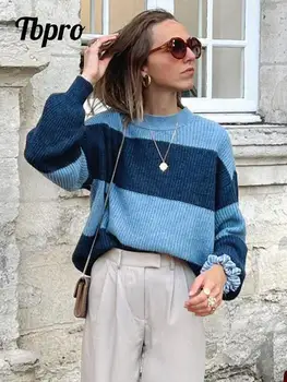 Элегантный полосатый контрастный свитер для женщин, модный женский пуловер с круглым вырезом и длинным рукавом-фонариком, Офисный женский трикотаж для поездок на работу